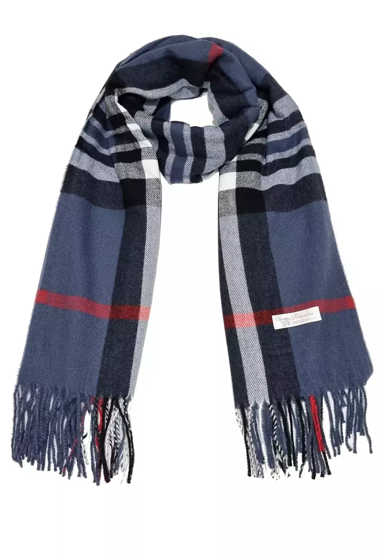 Checkered Cashmere Shawl Mustard Syal Wanita Navy Blue