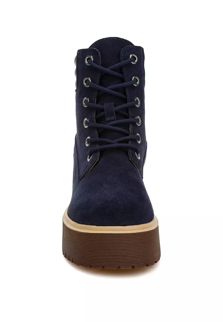 Sepatu Bot Suede Asli Pergelangan Kaki Tinggi Warna Navy