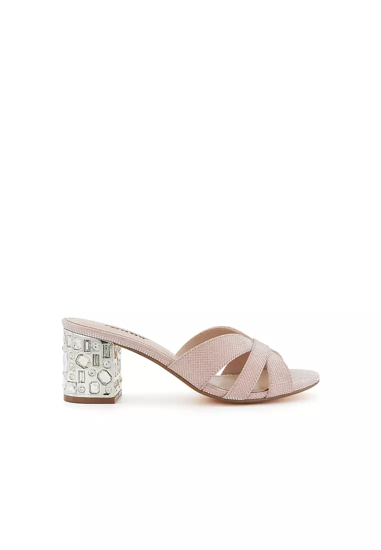 Discount on Dune London  shoes - SKU: Mirrored Embellished Block Heel Sandals Rose Gold