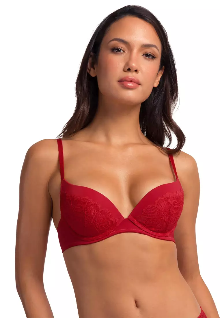 FLORIE Women's Push Up Bra Plunge 3/4 Cup Underwired Demi T-shirt Bras, Pack of 2, Red Beige