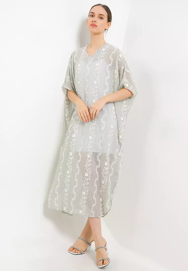 Embellished V Neck Emb Swissdot Chiffon Kaftan