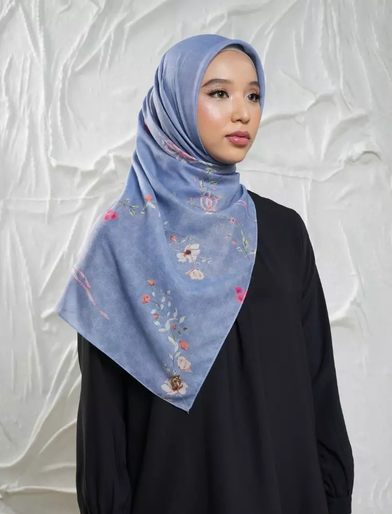 FLEUR Scarf Blue - Kerudung Hijab Segiempat Motif With BOX - Bahan Nesla - Ukuran 115x115