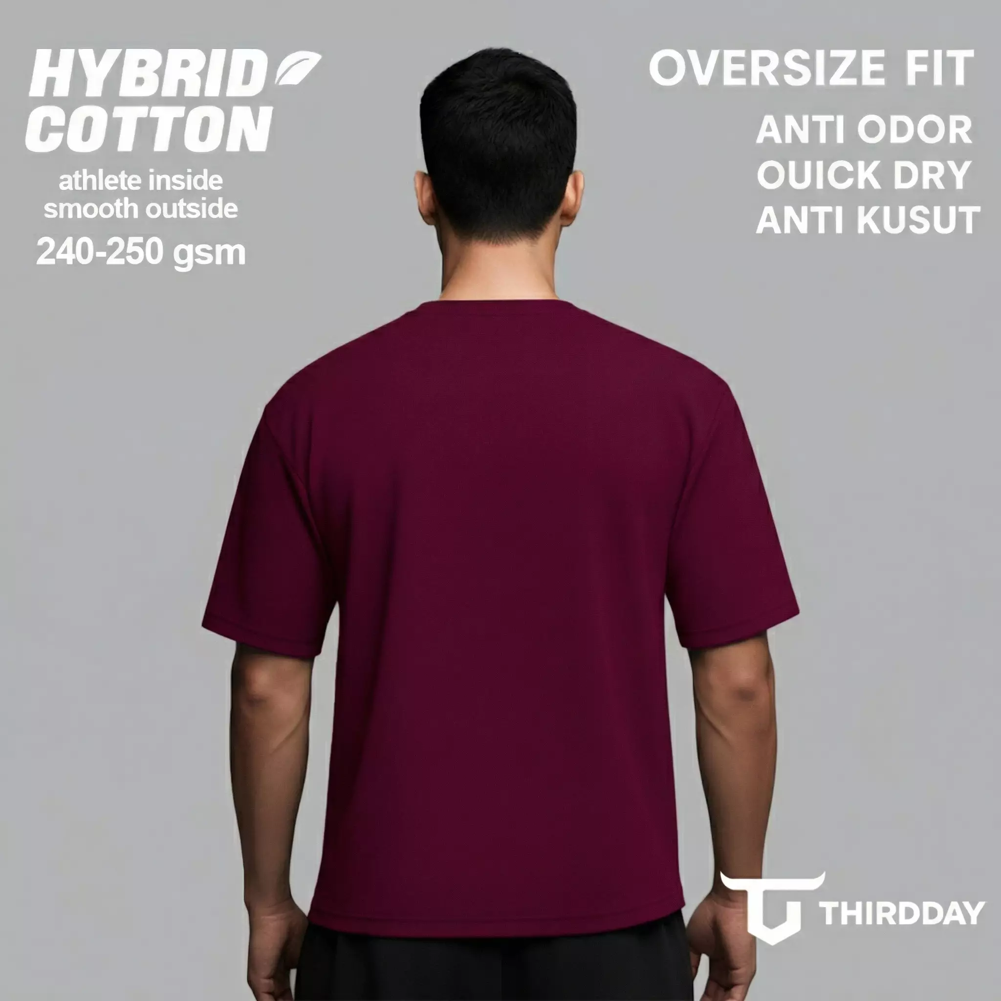 THIRDDAY Kaos Oversize Gym Tebal 250gsm Hybrid Cotton Polos red burgundy MTY94