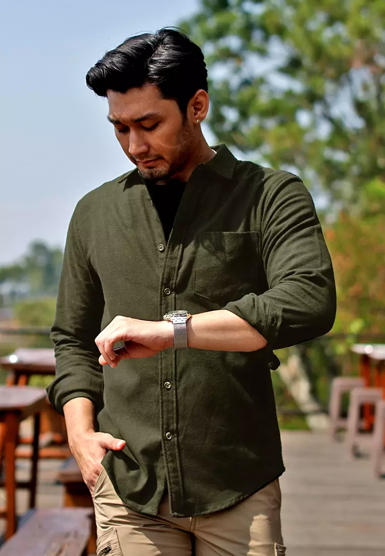 OXCON Extra Comfort Authentic Flannel Shirt Monotone Army Green