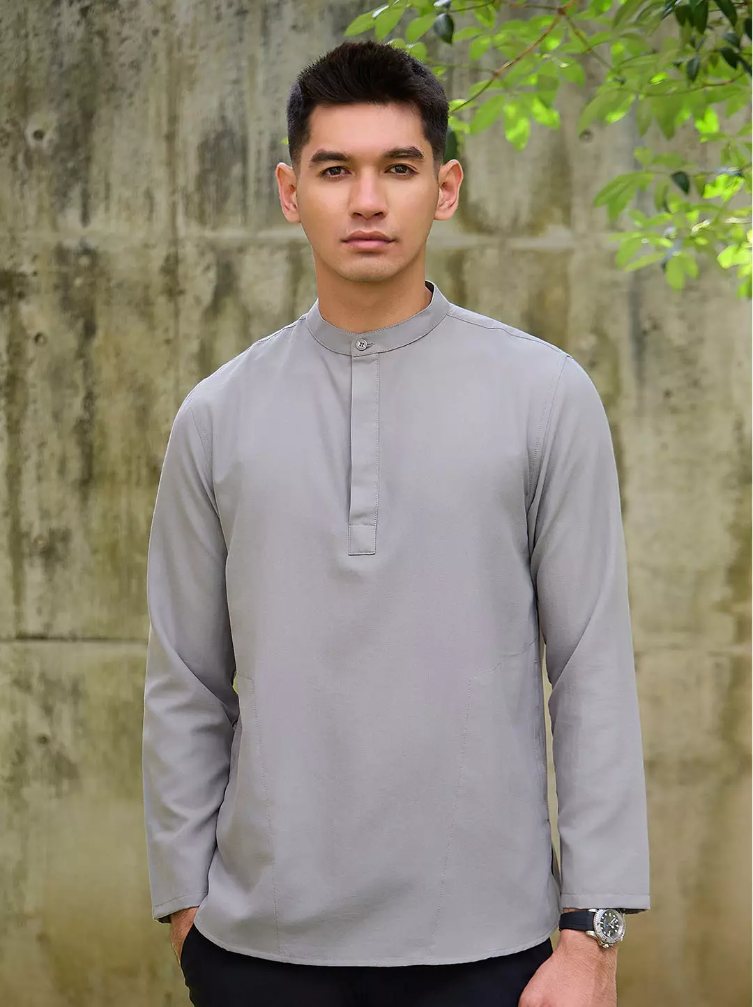 OXCON Kemeja koko Tangan Panjang Collarless Azfar Mid Grey