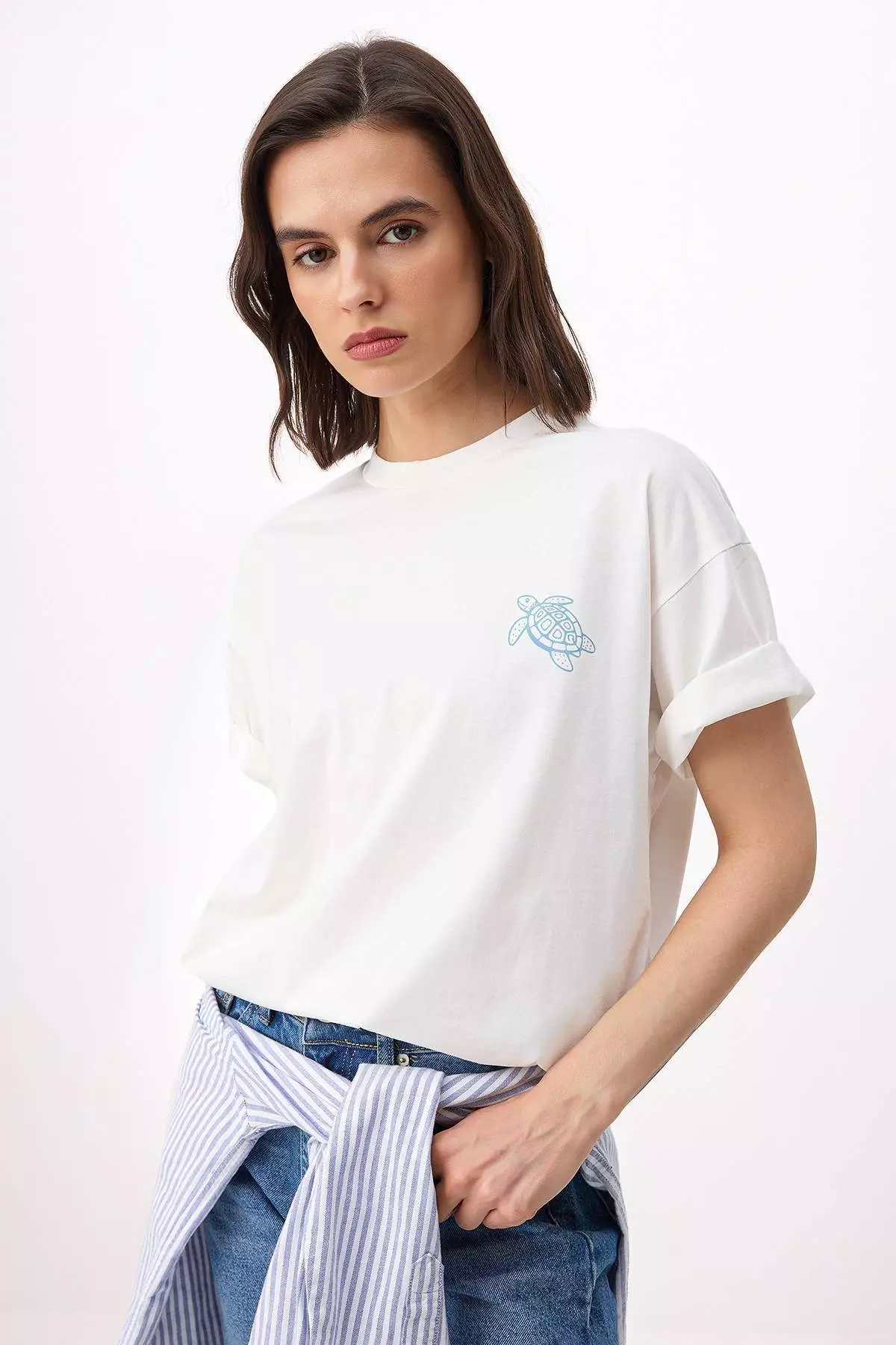 Ecru Printed Oversize/Wide Fit Low Sleeve Short Sleeve Tok 1% Cotton Knitted T-Shirt Twoss26Ts16