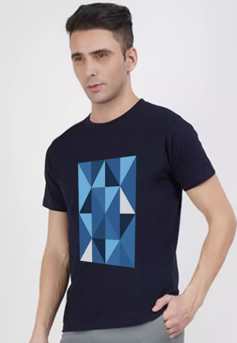 Geometric Print Graphic Navy Blue Cotton Blend Short Sleeve Regular Fit Tee