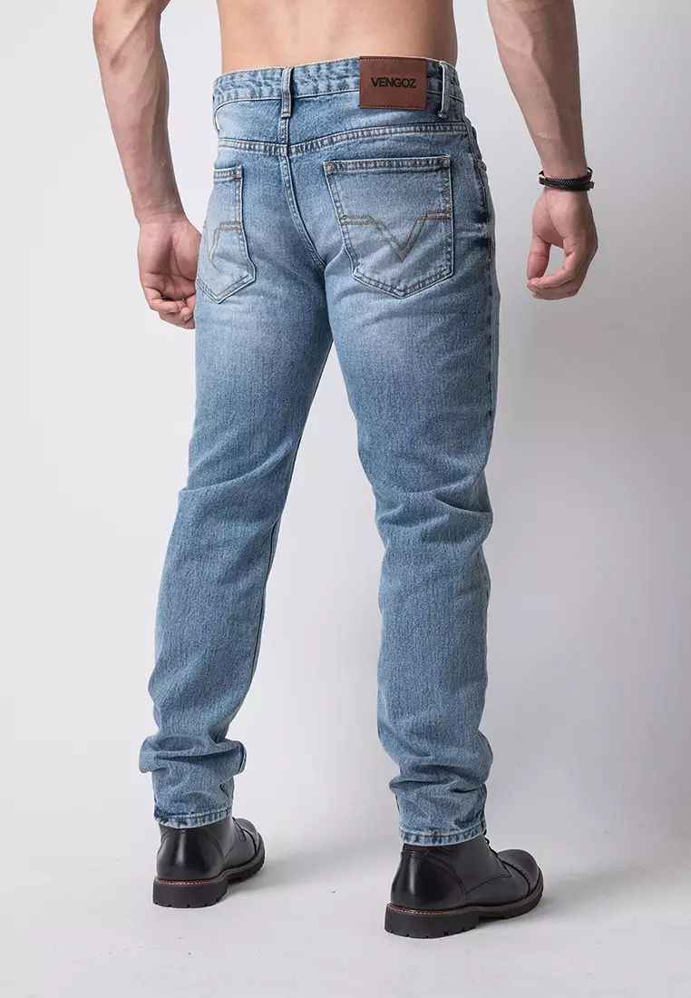 Tapered Fit Jeans Premium Washed Blue Ripped