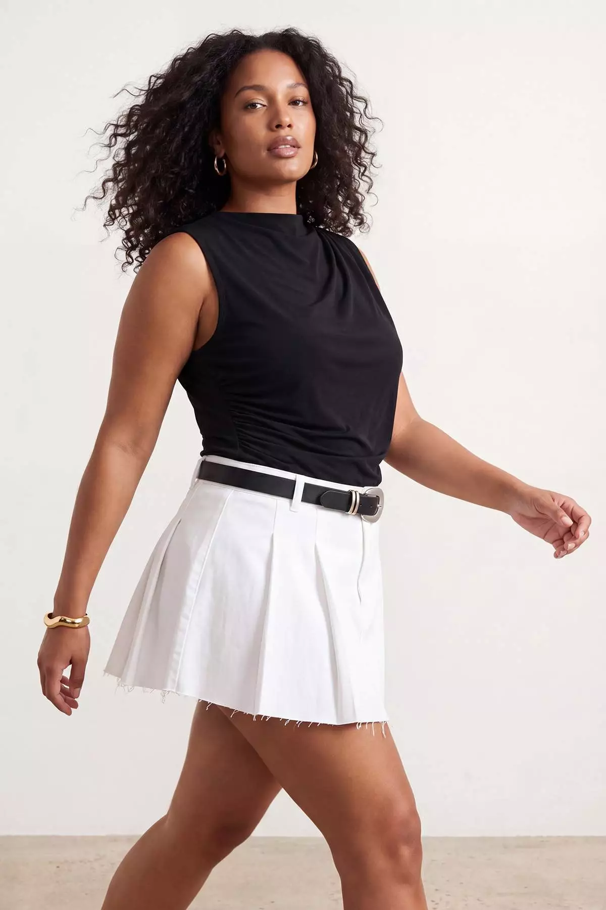 Black Mock Neck Ruched Detail Sleeveless Knitted Large Size Blouse Tbbss26Af0006