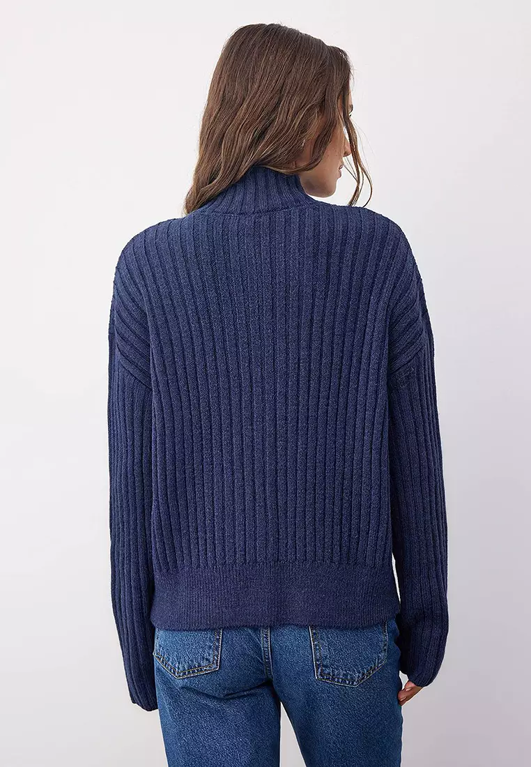 Wardrobe Essentials Navy Blue Wide-Cut Ribbed Soft Textured Knit Cardigan | Twoaw26Hi00091