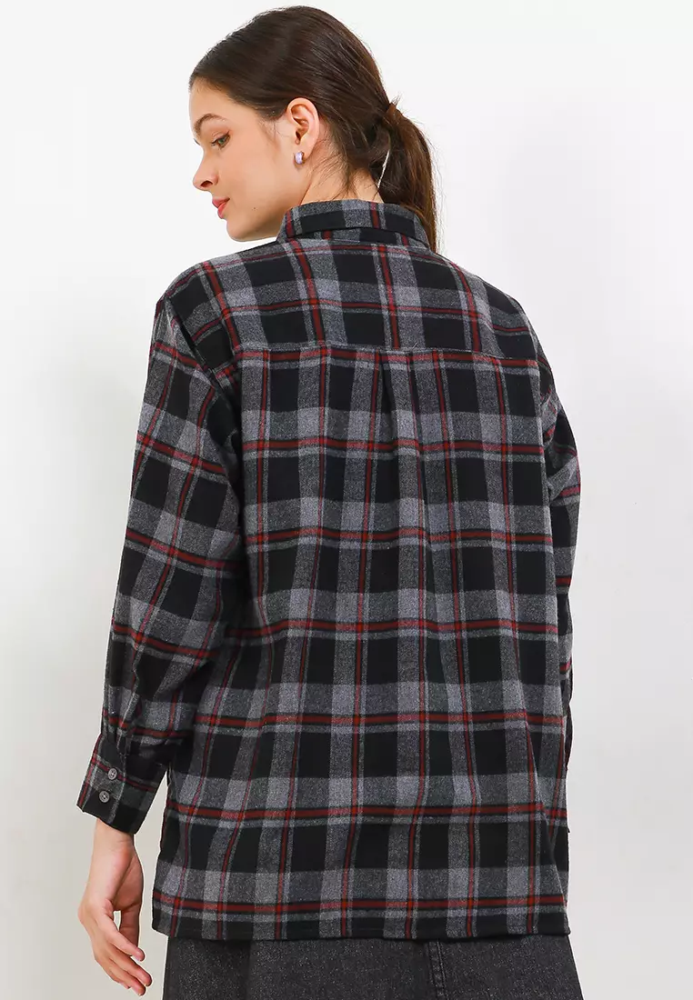 Kemeja Wanita Flanel Delly Grey Black