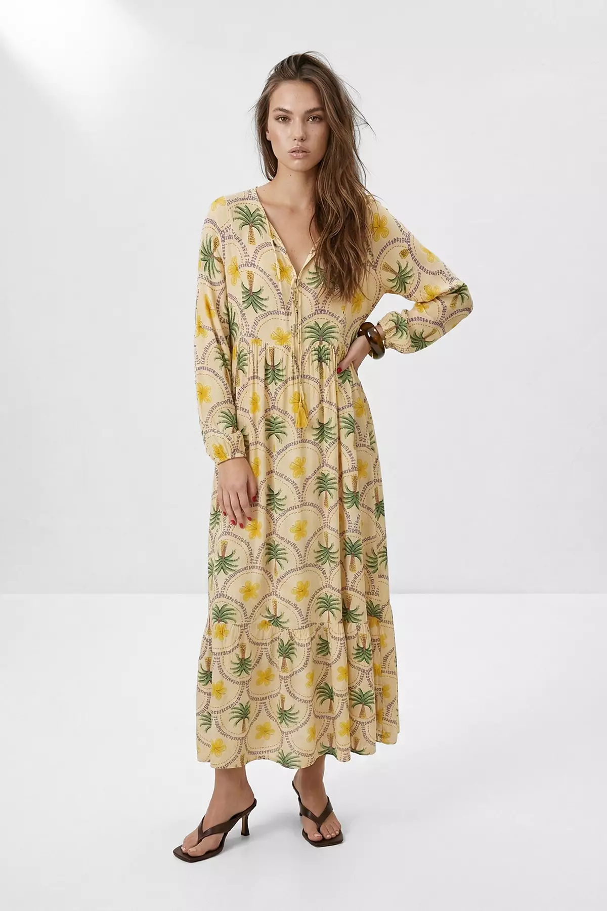 Yellow Viscose Unlined Tropical Patterned Hijab Dress Tctss26Eb00158