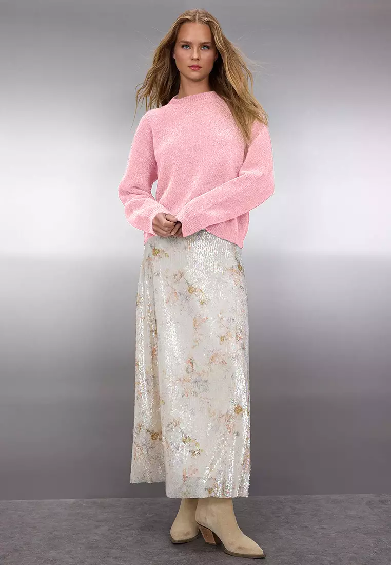 Pink Wide Pattern Special Yarn Knitwear Sweater