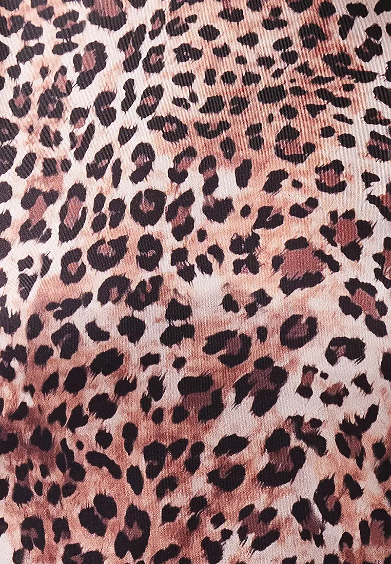 Light Brown Leopard Patterned Halter Neck Flexible Bottom Snap Knitted Bodysuit