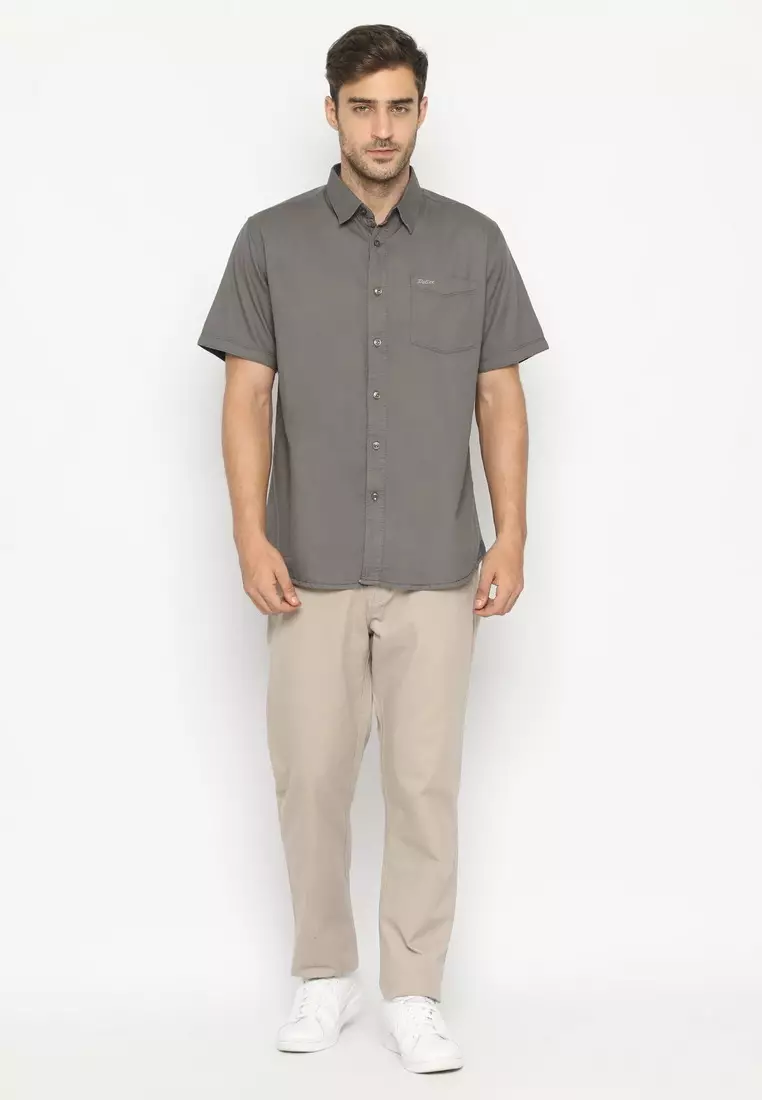 POLICE Kemeja Polos Cotton Oxford Dark Grey Regular Fit Pria