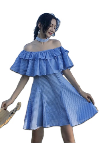 Buy Sunnydaysweety New Blue Striped Pattern Off Shoulder One Piece Dress Cabl Online Zalora Malaysia