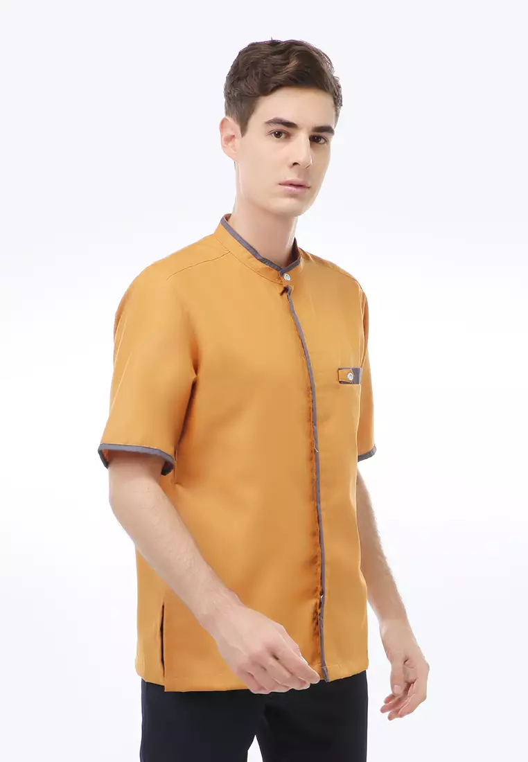 Dwan Atasan Formal Pria Kemeja Koko Polos Lengan Pendek Material Cotton ORIGINAL - Yellow