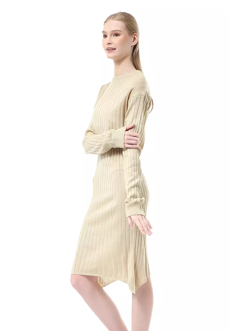Adela Dress Rajut Tunik Wanita Motif Polos Long Sleeve Relaxed Fit - Cream