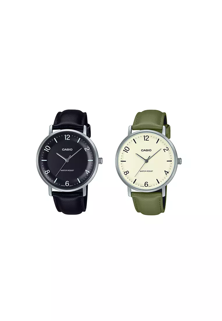 Casio MTP-VT03L-7B – Orologio Uomo Minimalista Con Cinturino In Pelle Verde Beige E Quadrante Concavo - 2