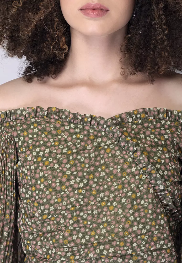 Green Floral Frilled Bardot Top