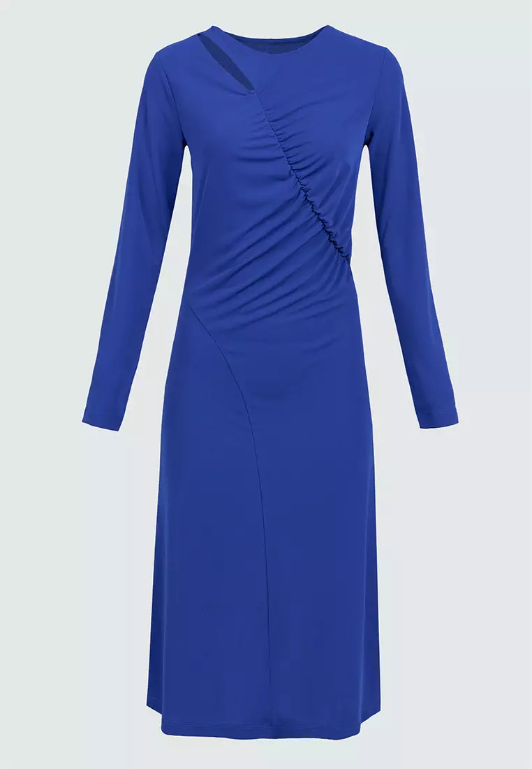 Jimmy Key Cobalt Long Sleeve Elegant Midi Dress with Window Detail