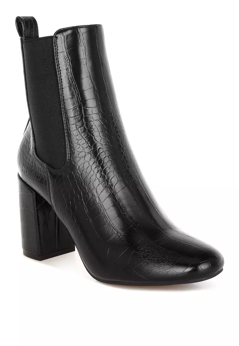 Black Croc Textured Block Heeled Chelsea Boot