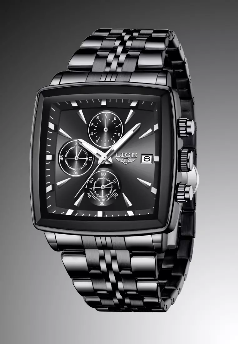 Chronograph Unisex IP Black Metal Alloy Quartz Watch 40X40mm, Black Dial, IP Black Stainless Steel Bracelet