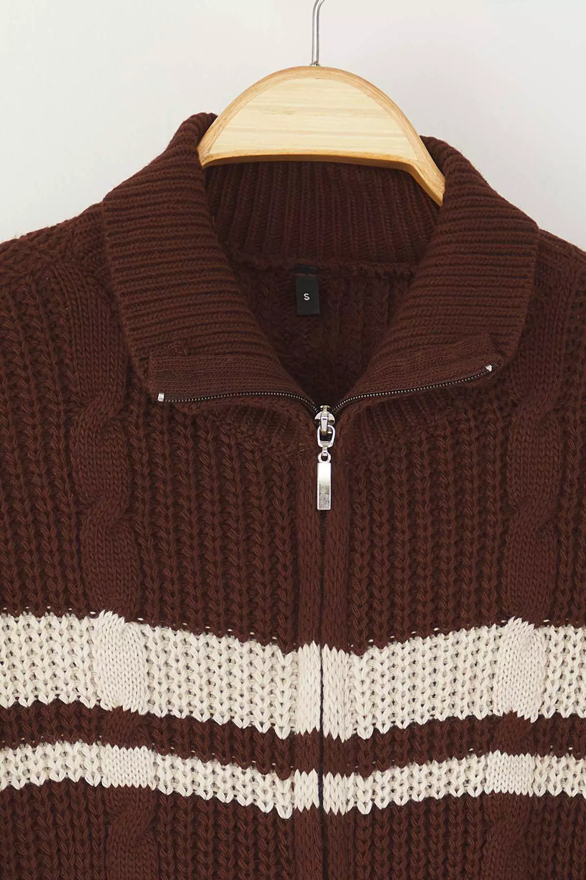 Brown Crop Block Stand Collar Knitwear Cardigan