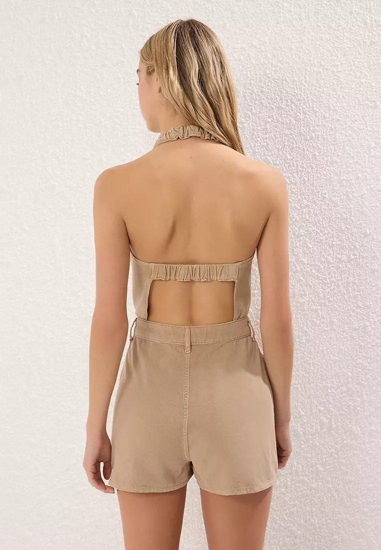 Beige Back Detailed Mini Denim Jumpsuit Twoss25Tu00064