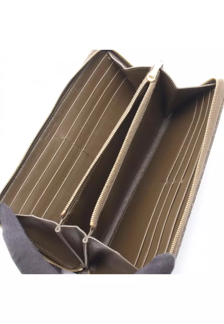 Pre-Loved Celine C-charm large zipped wallet round zipper long wallet quilting leather Khaki brown