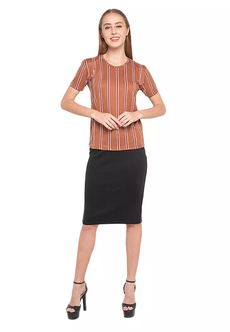 Caldwell Blouse Salur Short Sleeves Atasan Wanita Relaxed Fit - Mocca