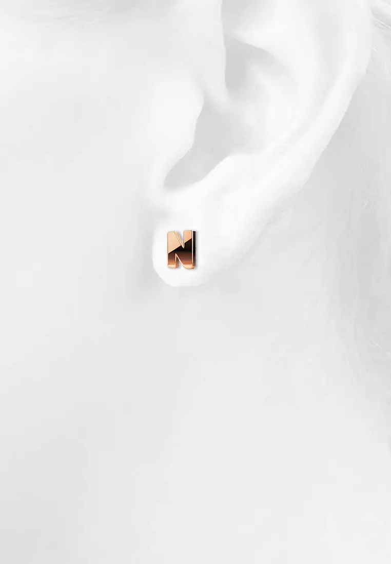 Bold Alphabet Letter Initial Charm Earrings in Rose Gold Tone - N