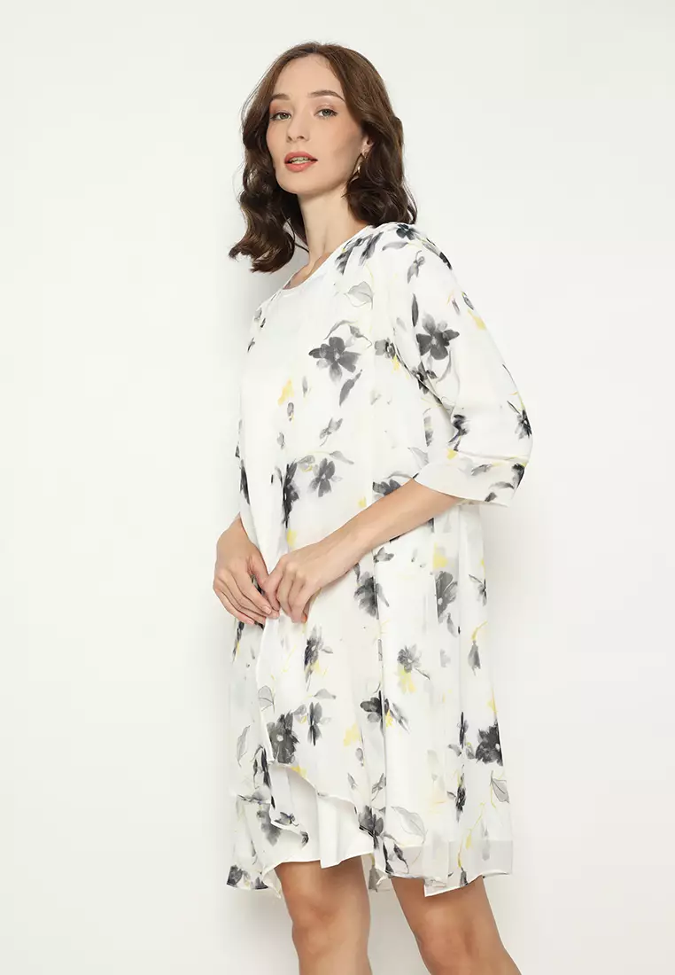 Floral Mini Dress Semi Outer Sifon In Broken White By Brilliant Girl Warna PUTIH