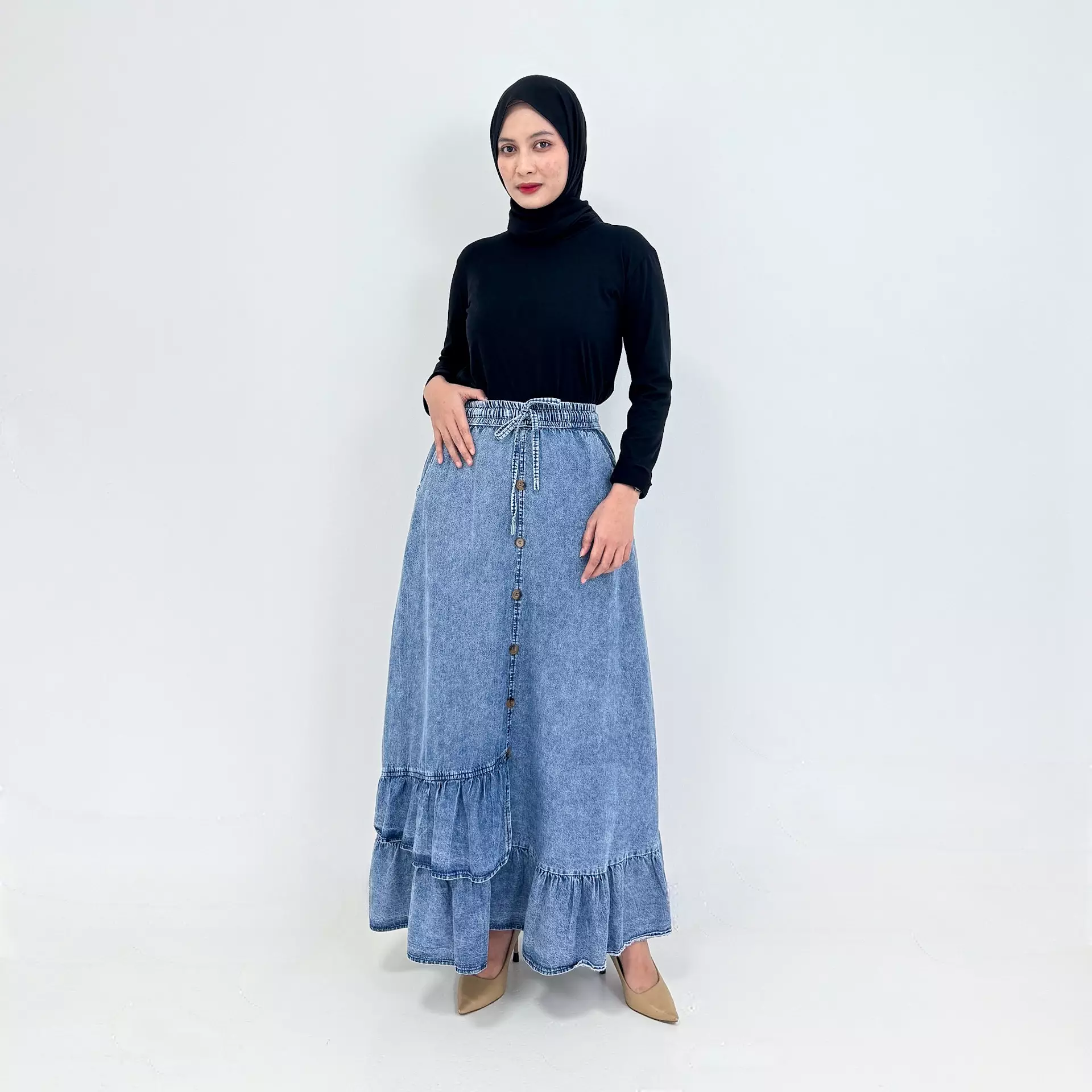 Nayra Denim Skirt [BIRU SNOW] Rok Panjang Wanita A-Line Ruffle