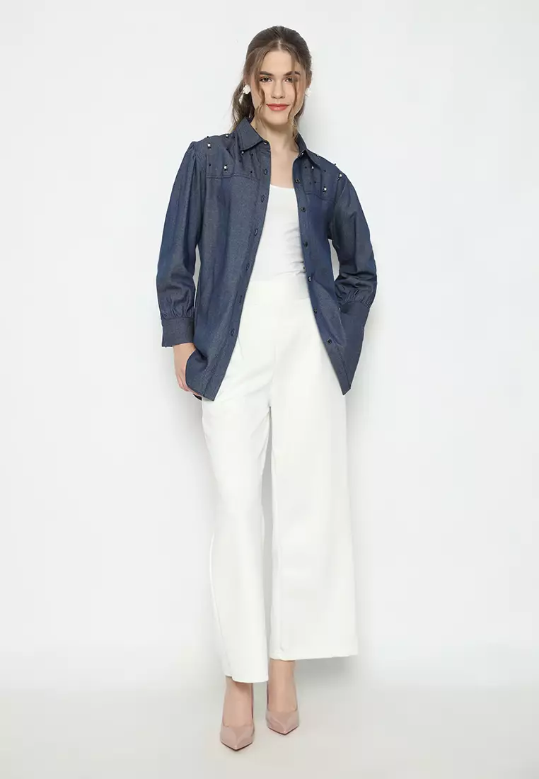 Denim Shirt With Pearl In Navy By Brilliant Girl Warna NAVY