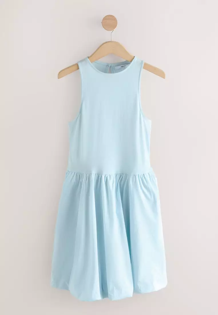 Puffball Hem Woven Jersey Mix 100% Cotton Mini Dress