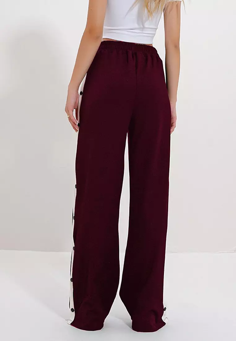 Women's Burgundy Double Pocket Elastic Side Stripe Wide Leg Pants