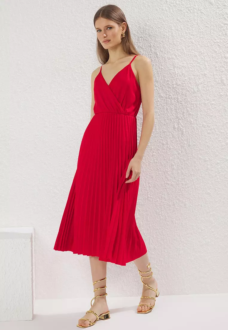 Red Waist Opening Midi Double Breasted Pleated Adjustable Strapped Knit Dress Twoss20El2729