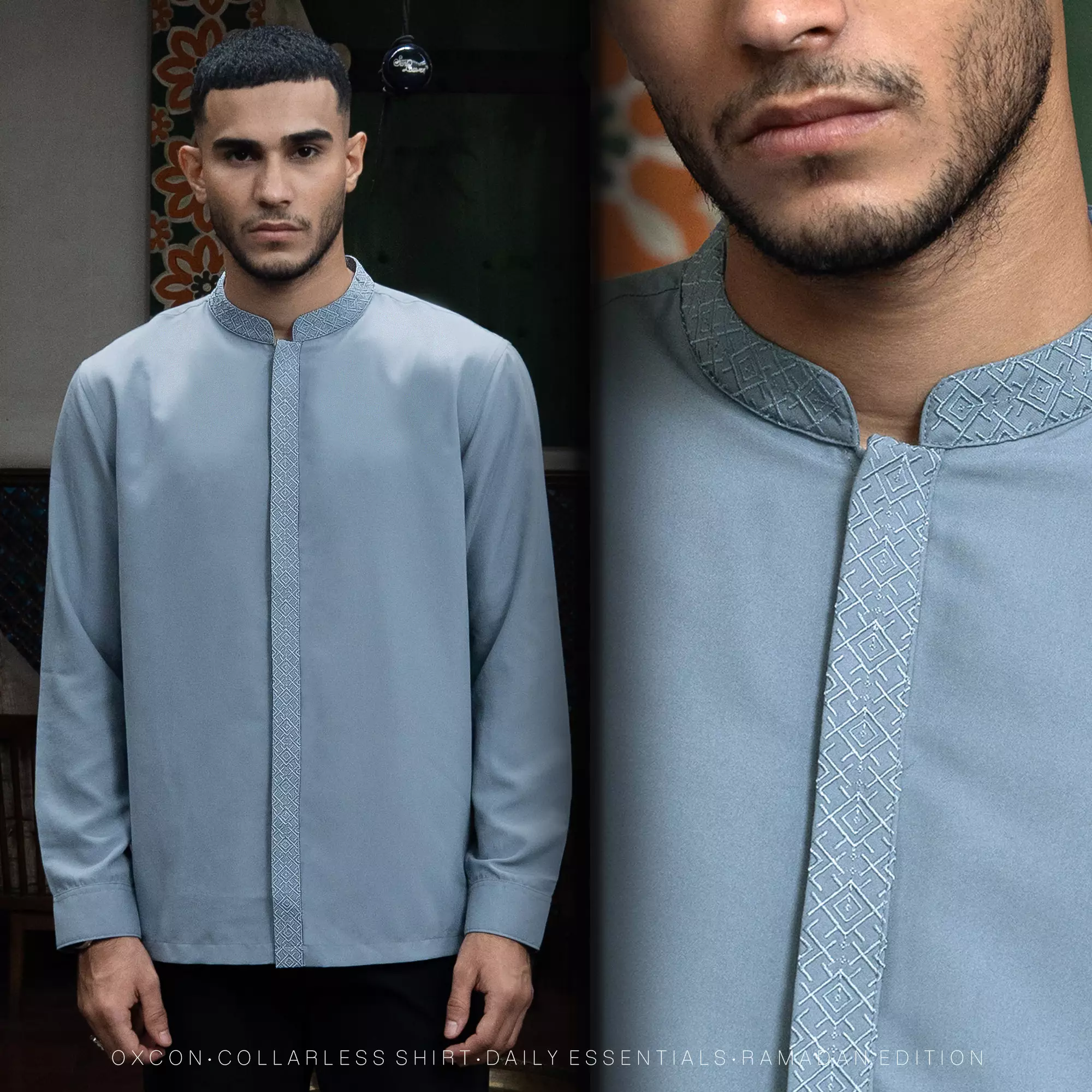 Kemeja Koko Bordir Azril Tangan Panjang Pria Muslim Lebaran Blue Grey