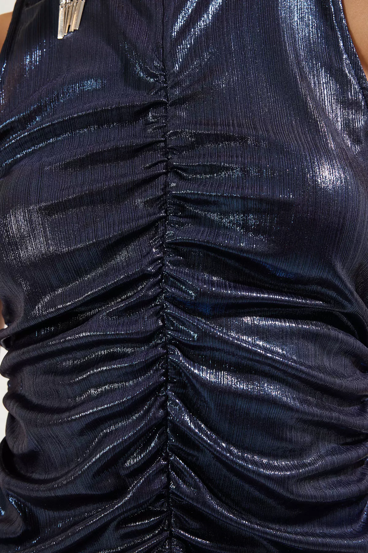 Navy Blue Metallic Look Shiny Knitted Blouse