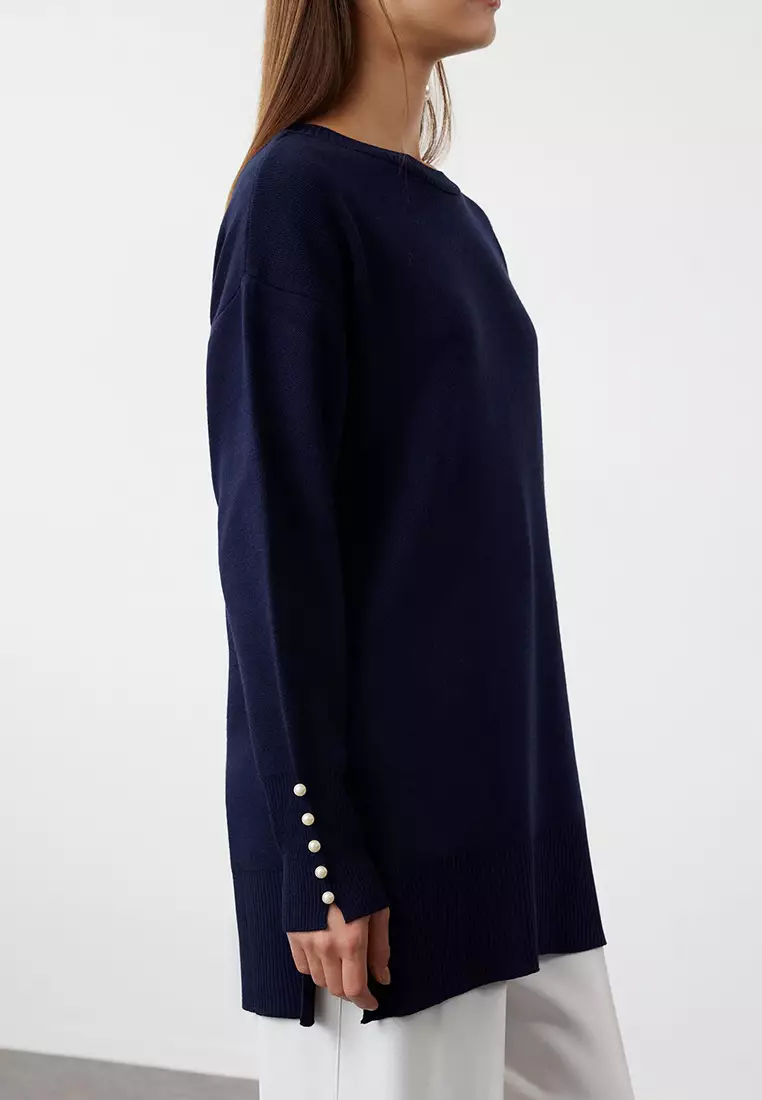 Navy Blue Pearl Detailed Knitwear Sweater Tctaw25Ak00007