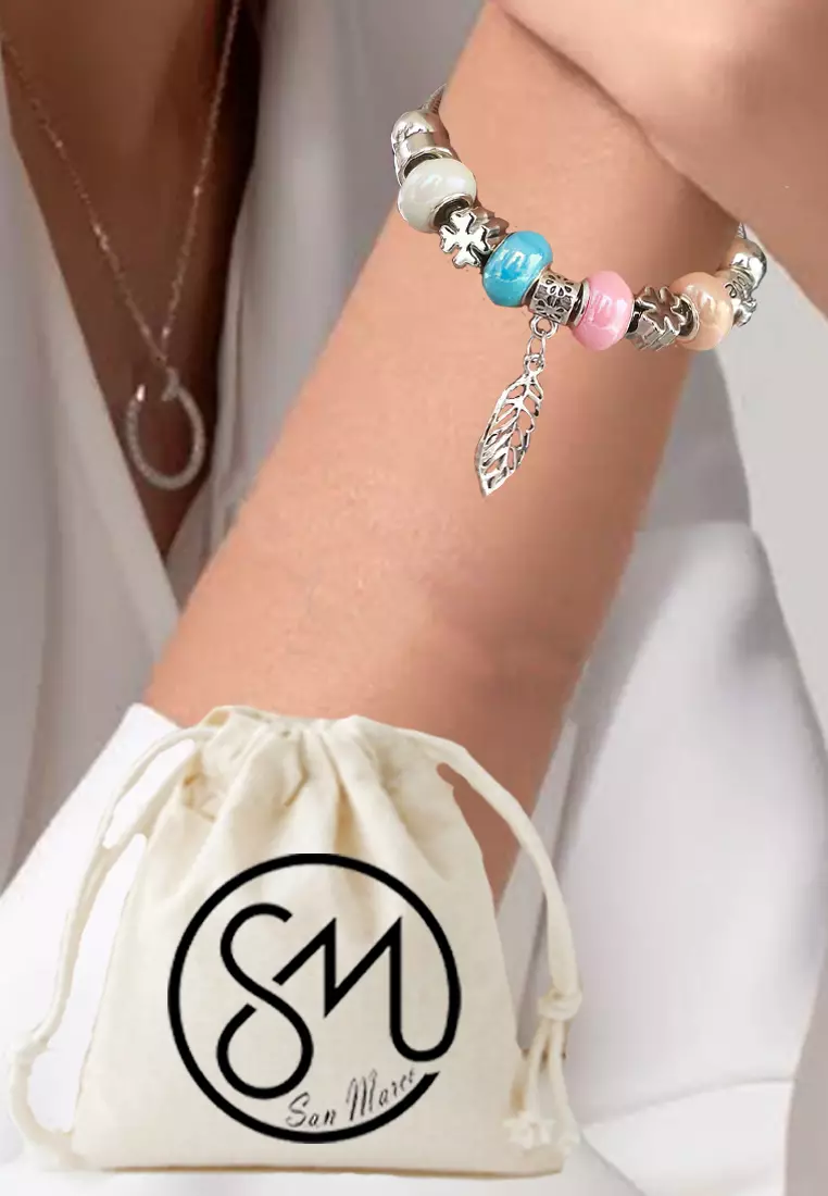 Accessories Wanita Leaf Pomora Charm Bracelet Gelang Wanita Silver, Blue & Pink
