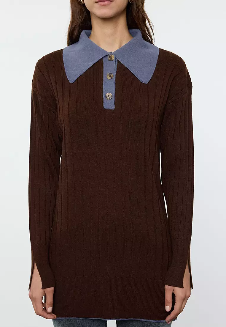 Brown Blue Color Block Ribbed Knit Sweater Tctaw25Ak00029
