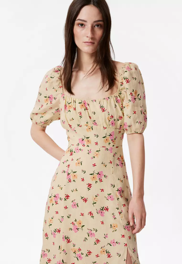 Puff Sleeve Linen Midi Dress