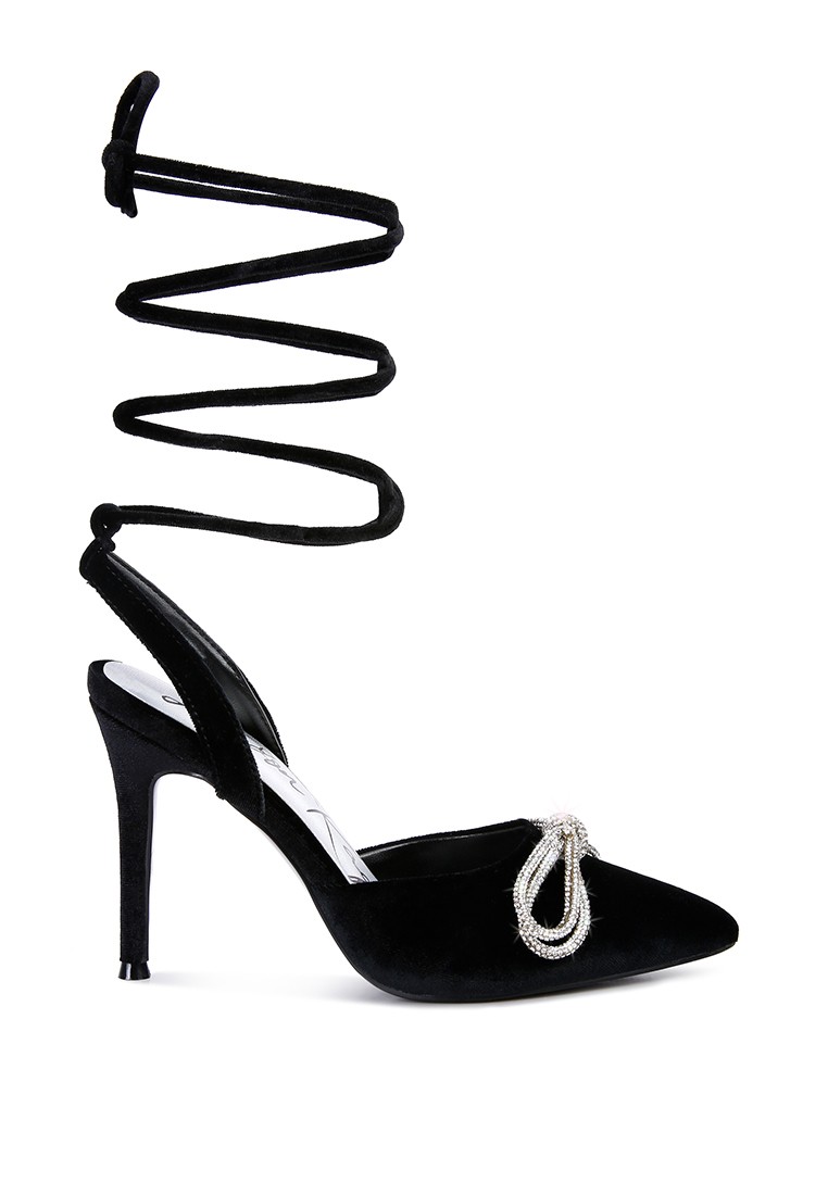 Black High Heeled Jewel Velvet Mules