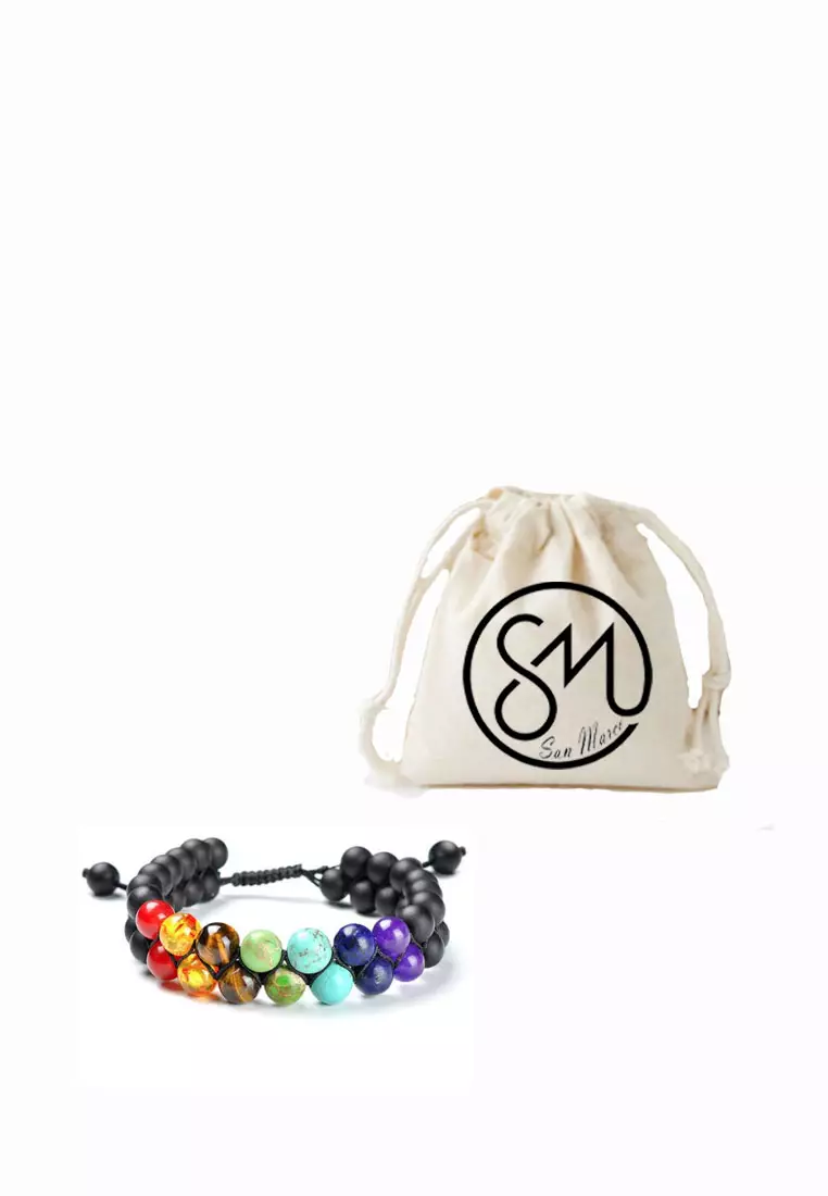 Aksesoris Wanita  Chakra Rainbow Double Layer Lava Beads Macrame Bracelet Gelang Wanita Black & Multicolour