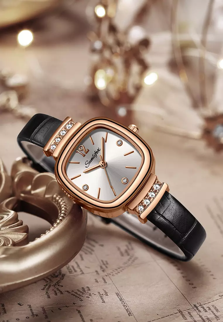 8001 Jam Tangan Wanita Original Berlian Gaya Antik Anggun Jam Kuarsa Tali Kulit Jam Tangan Cewek black