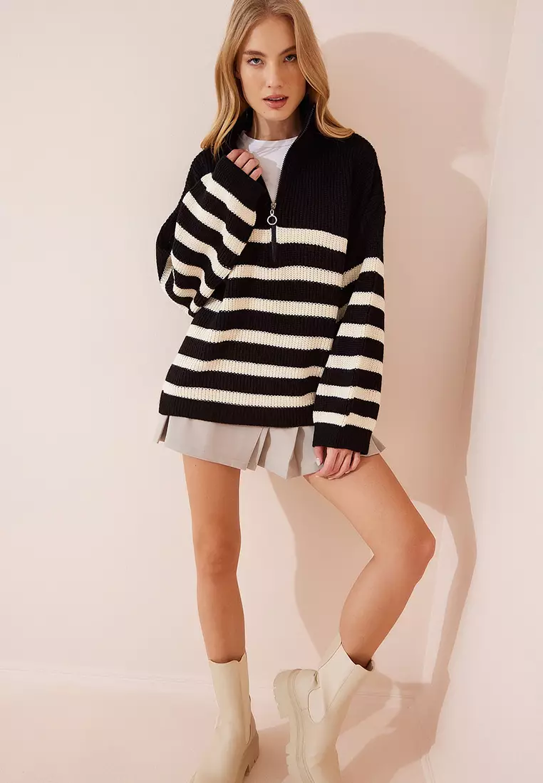 Zipper Stand-Up Collar Striped Oversized Sweater