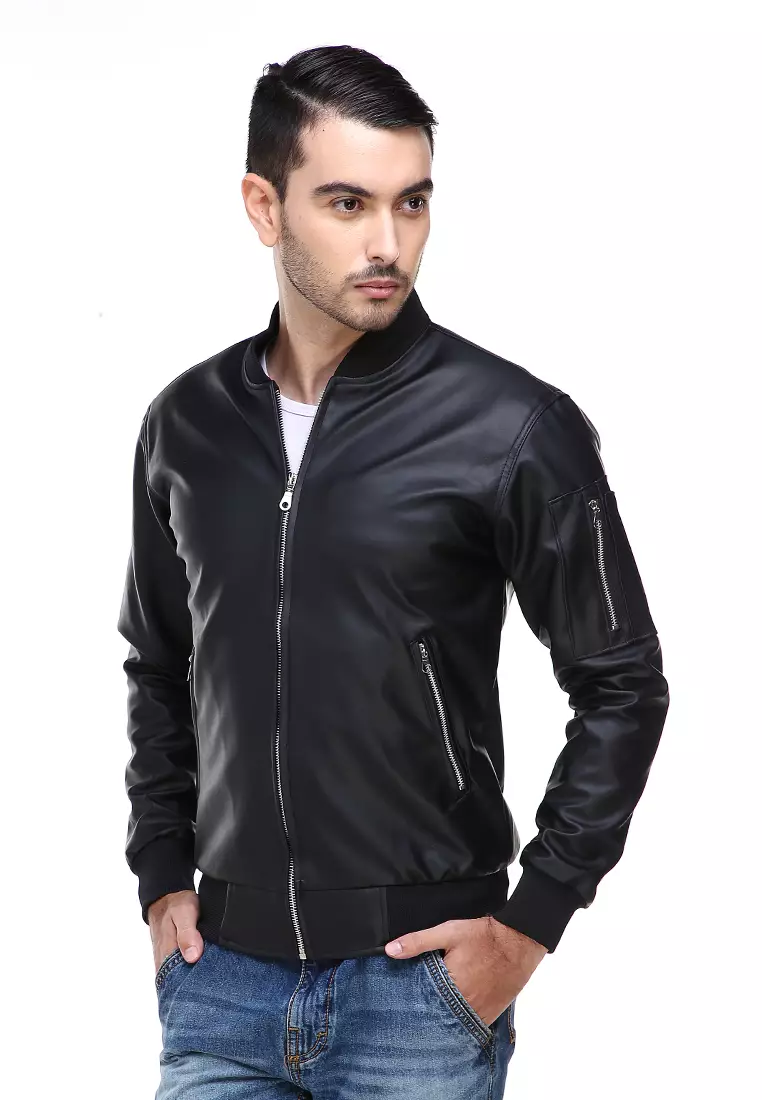 Clover Jaket Bomber Pria Now Ori Soft Material Leather Kulit ORIGINAL - Black