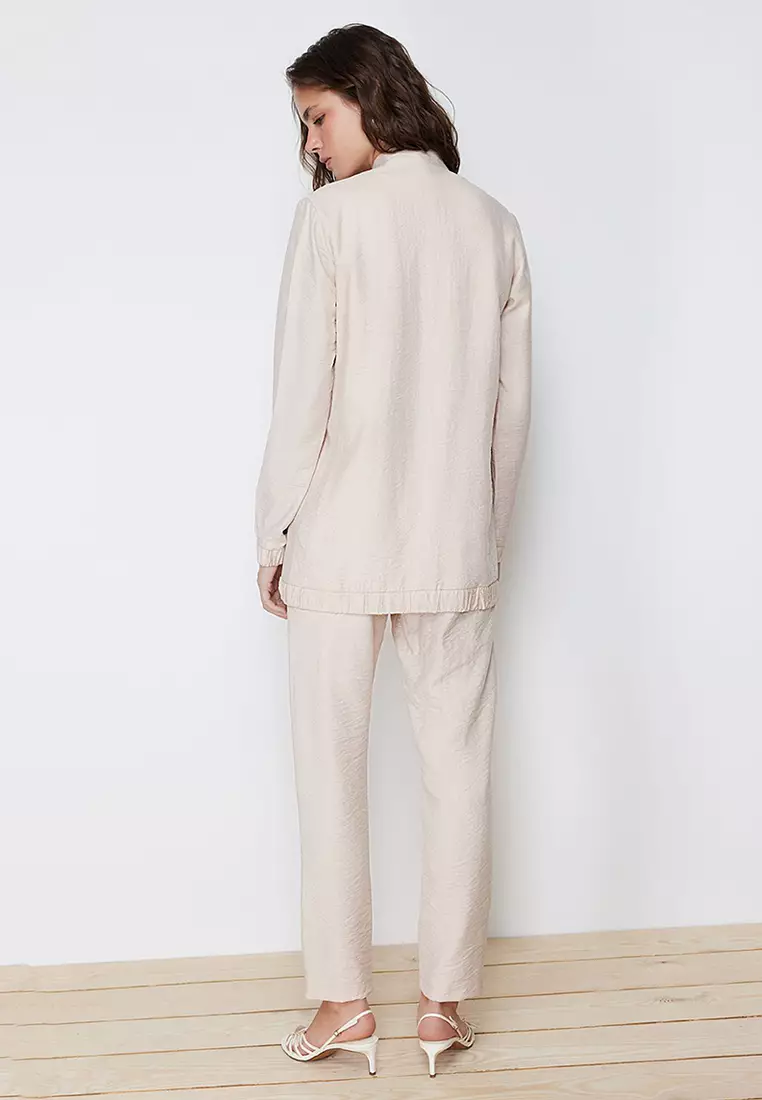 Beige Linen Look Tunic-Pants Woven Bottom Top Set TCTSS24US00016
